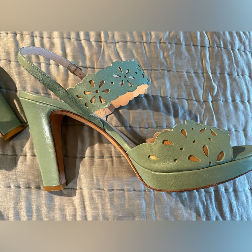 LK Bennett sling back pale green leather heels with floral cutouts. Size 42